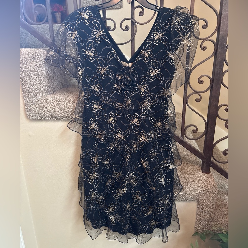 Vtg Y2K Lace Butterfly Tiered Midi Dress Black/Gold Carrie Bradshaw Goodness S
